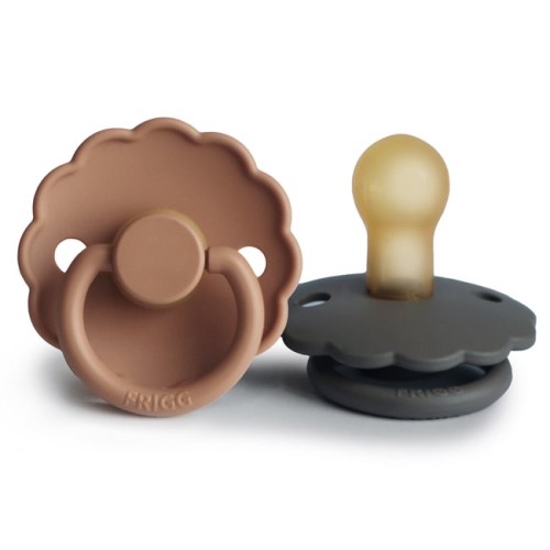 FRIGG DAISY PACIFIERS  LATEX 2 PACK  GRAPHITE/PEACH BRONZE  SIZE 2