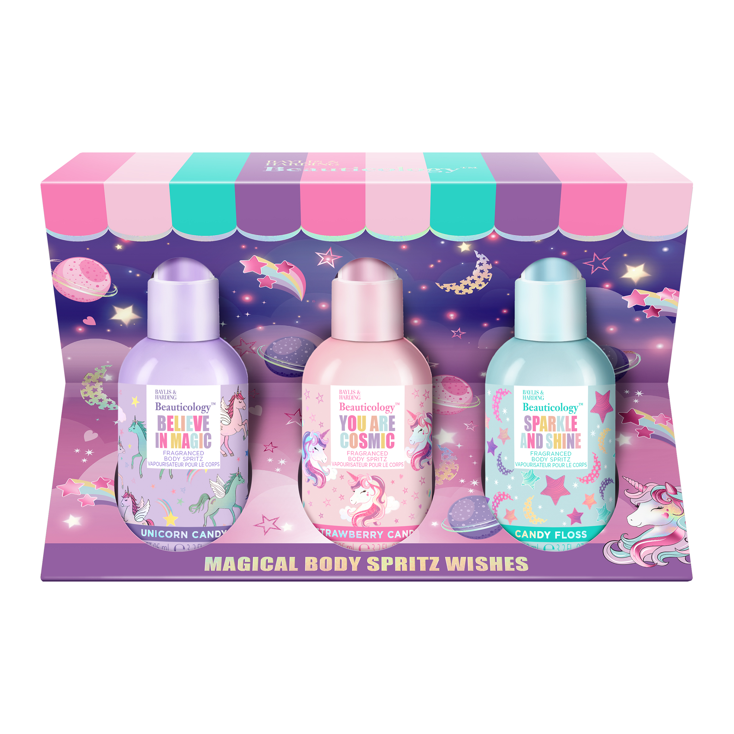 BAYLIS & HARDING BEAUTICOLOGY COSMIC BODY SPRITZ TRIO GIFT SET