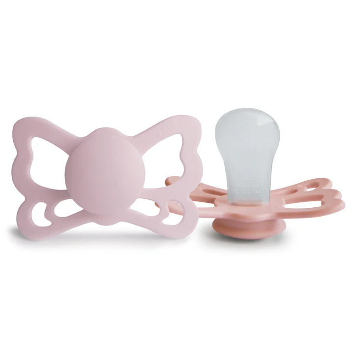 FRIGG BUTTERFLY SILICONE PACIFIERS 2 PACK PRETTY IN PEACH/PRIMROSE SIZE 2